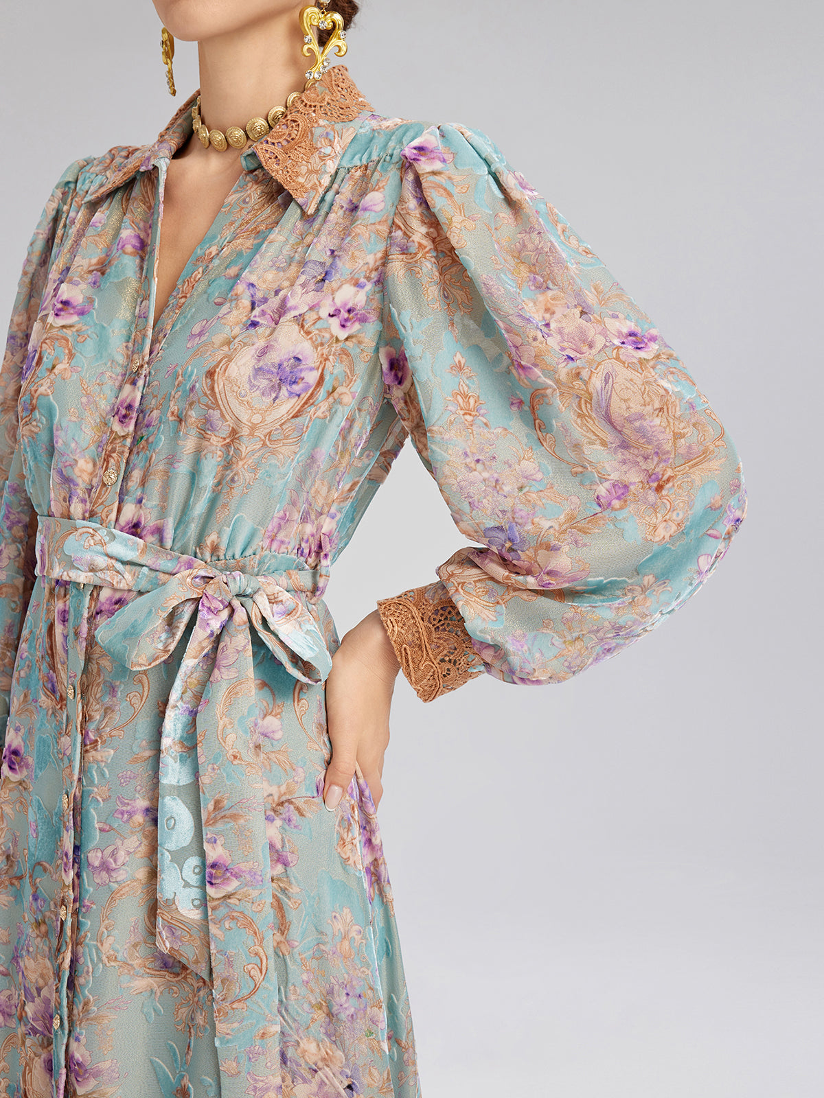 Silk Velvet Devoré Floral Lace Trim Dress (Matching Belt Included)