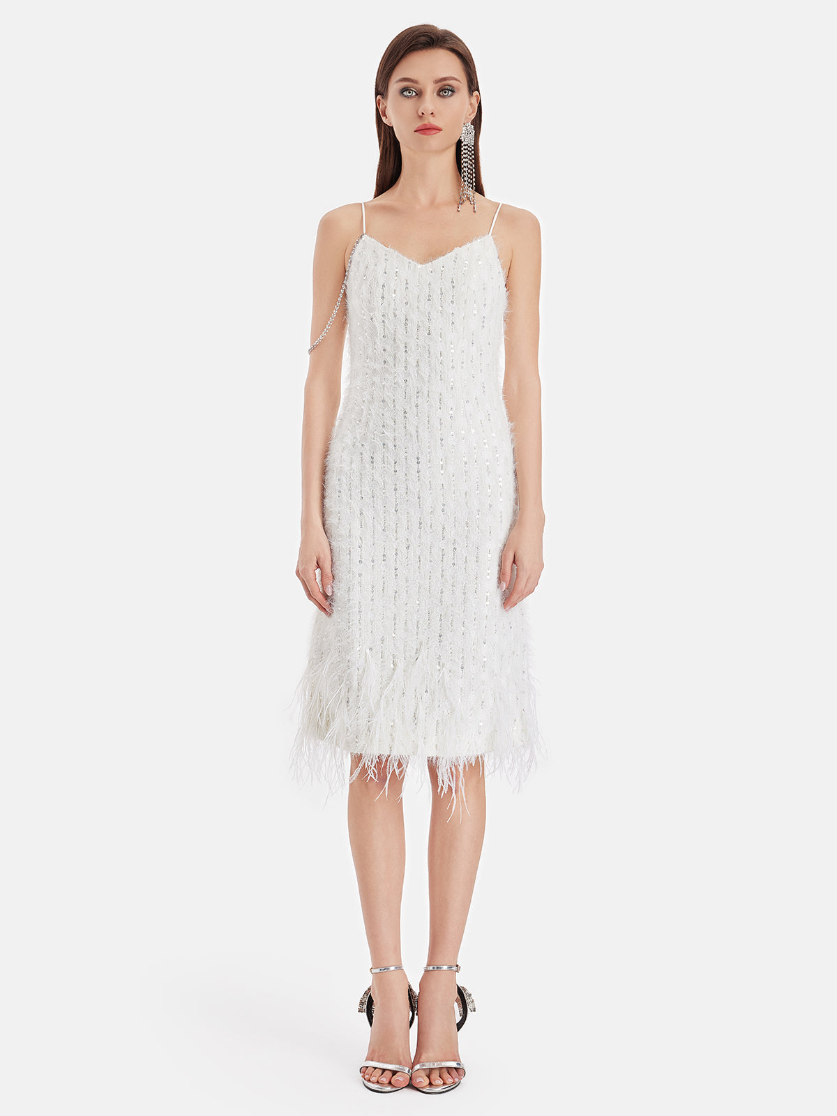 Sequin Ostrich Feather Slip Dress