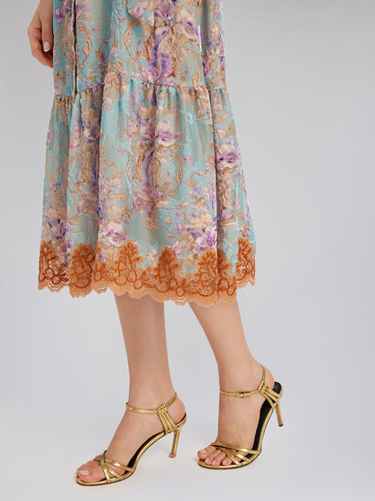 Silk Velvet Devoré Floral Lace Trim Dress (Matching Belt Included)