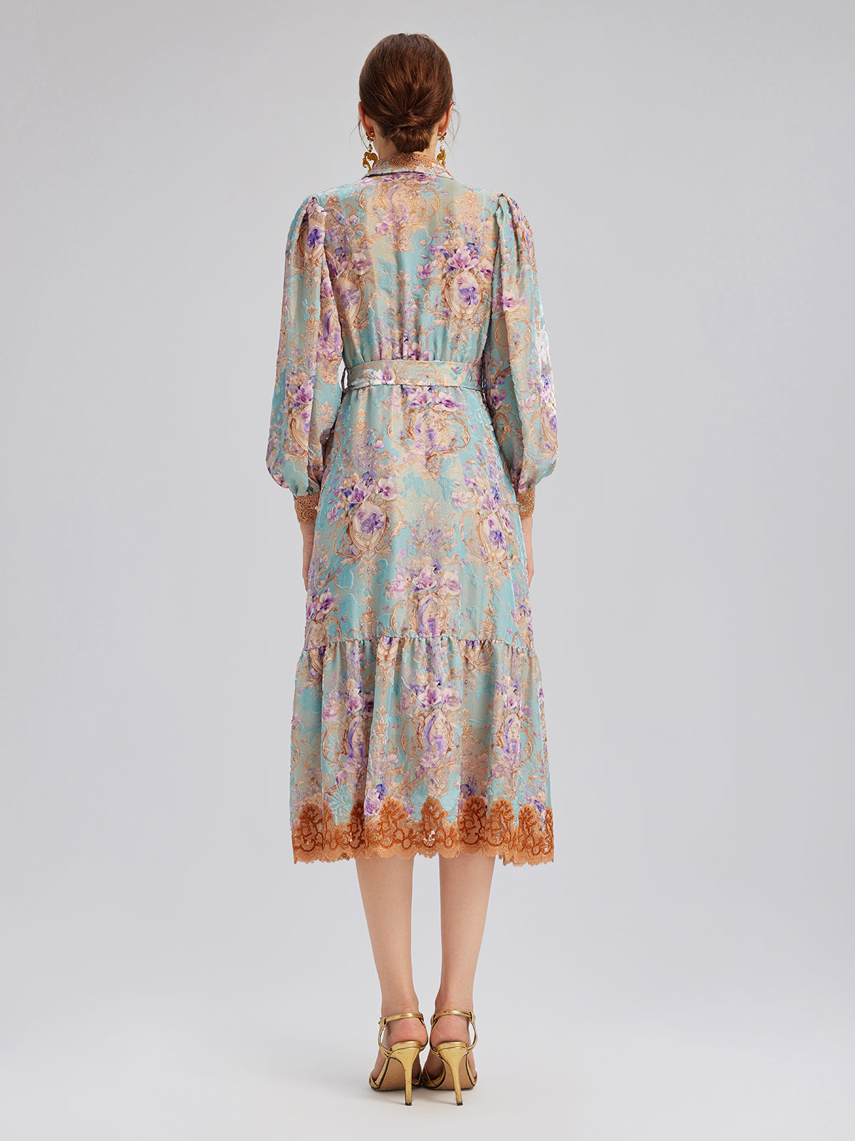 Silk Velvet Devoré Floral Lace Trim Dress (Matching Belt Included)