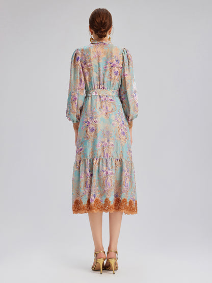 Silk Velvet Devoré Floral Lace Trim Dress (Matching Belt Included)