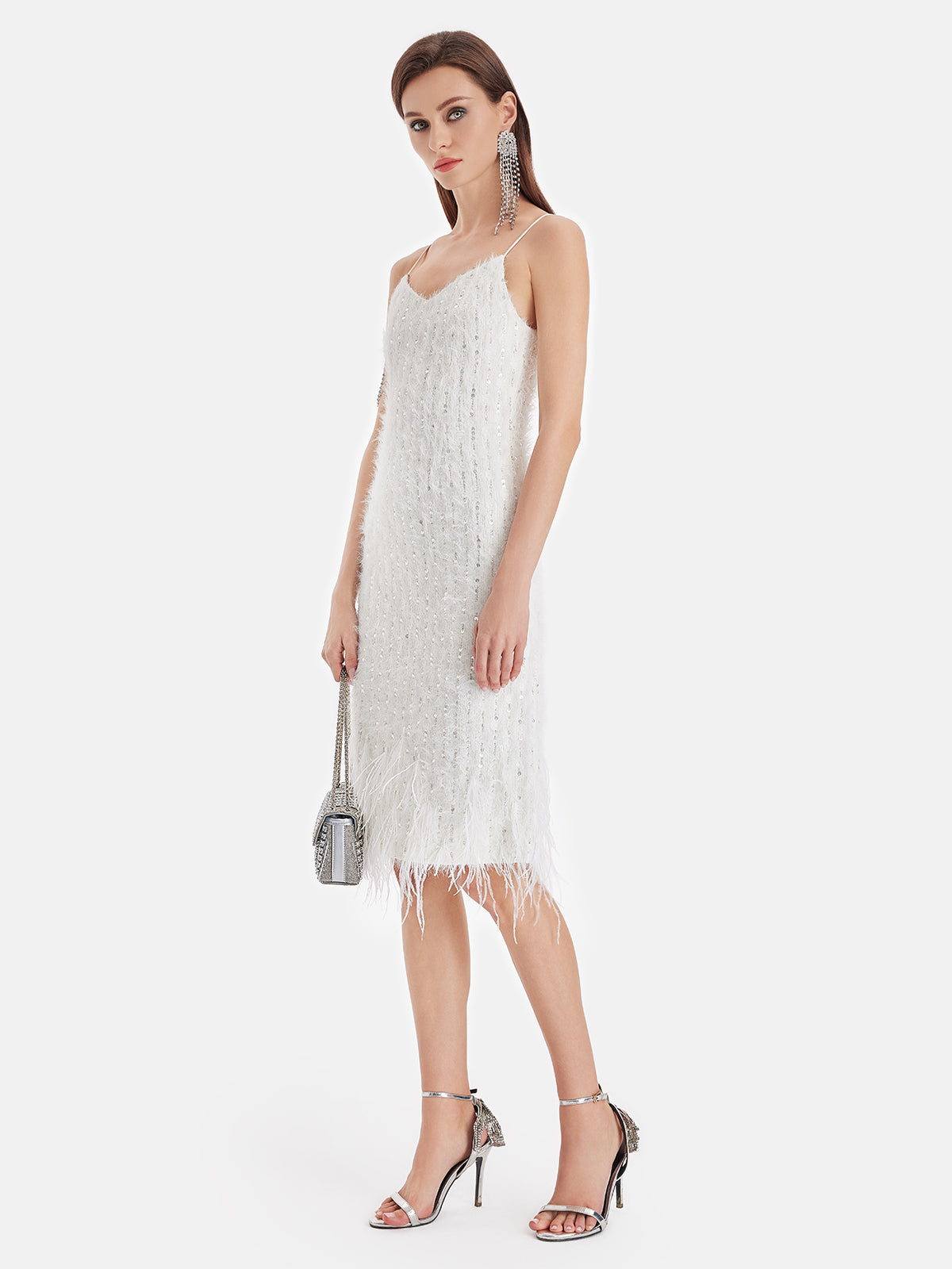 Sequin Ostrich Feather Slip Dress