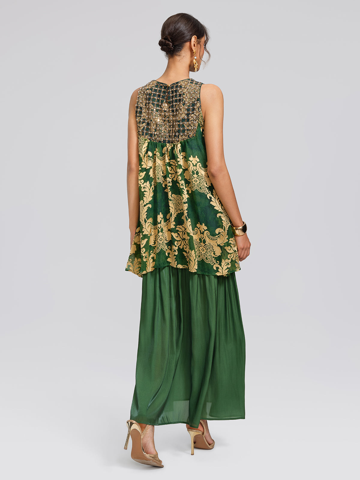 Pleated Jacquard Chiffon Beaded Gown