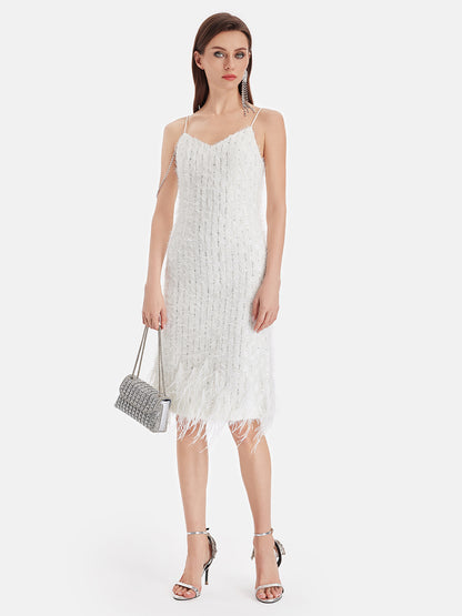 Sequin Ostrich Feather Slip Dress