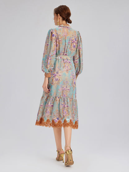 Silk Velvet Devoré Floral Lace Trim Dress (Matching Belt Included)