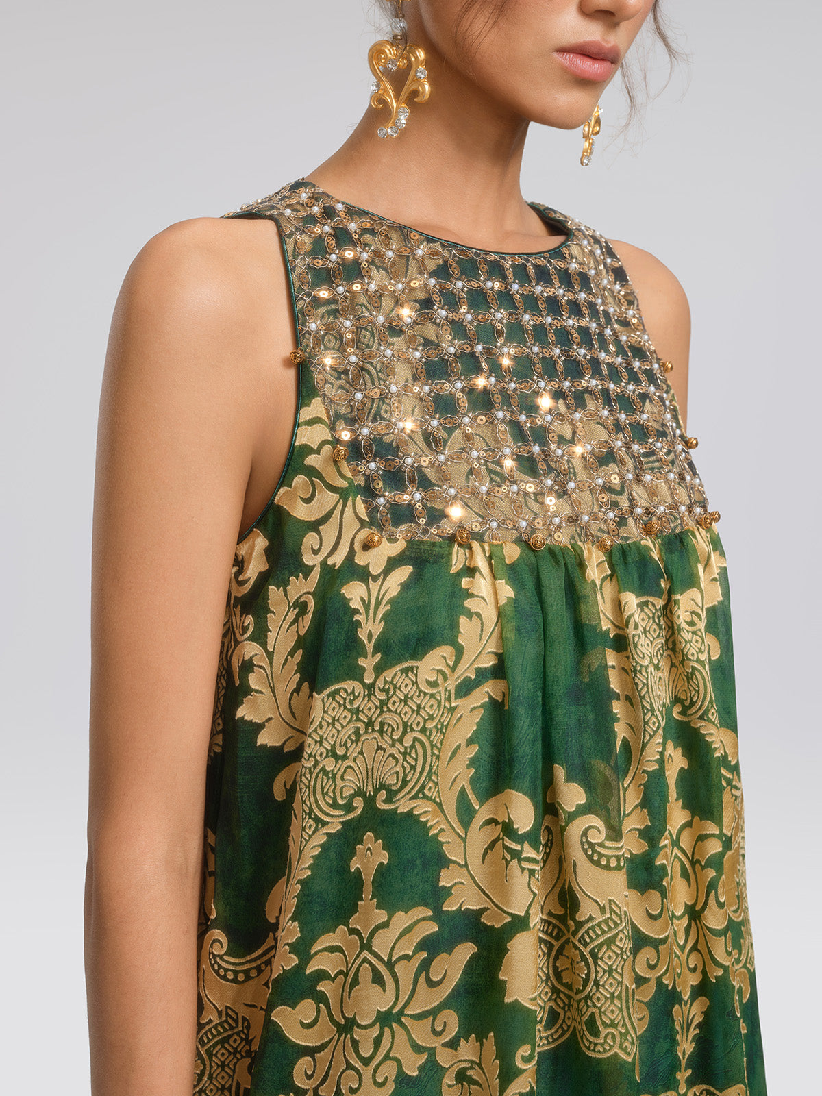 Pleated Jacquard Chiffon Beaded Gown