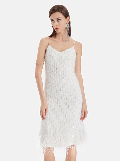 Sequin Ostrich Feather Slip Dress