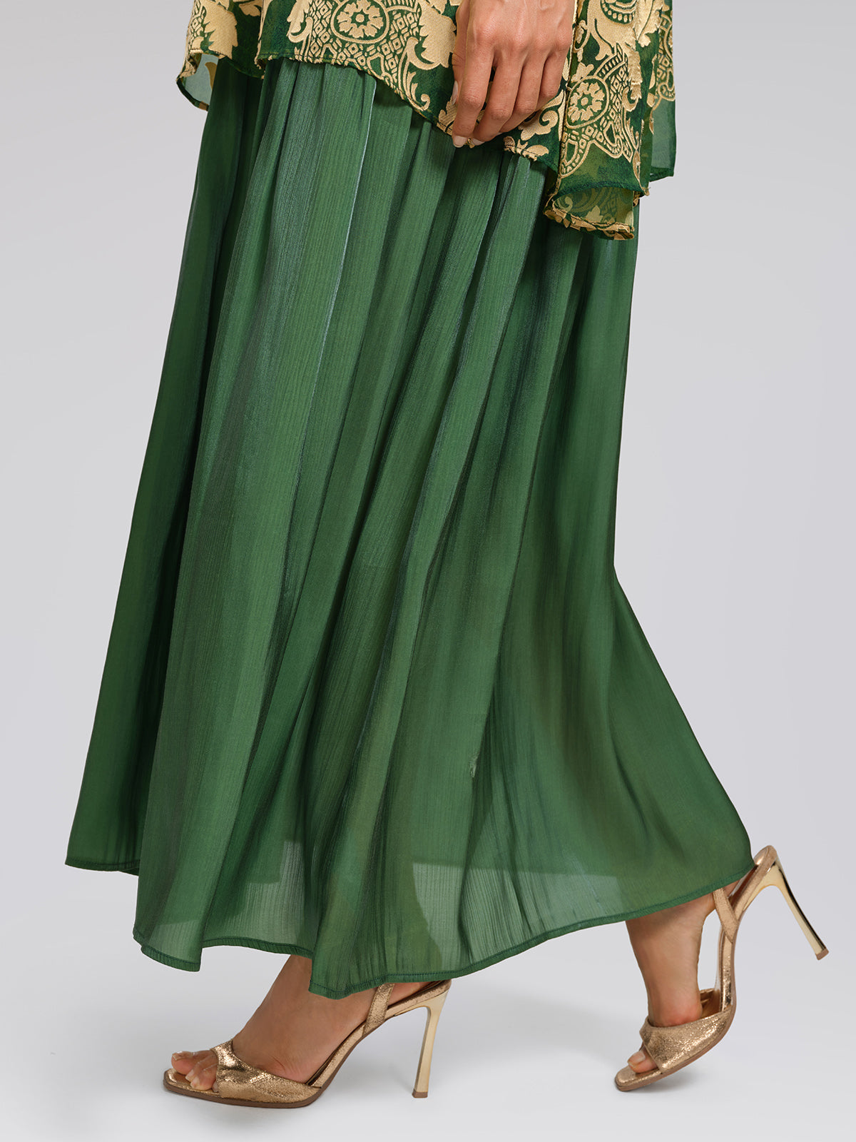 Pleated Jacquard Chiffon Beaded Gown