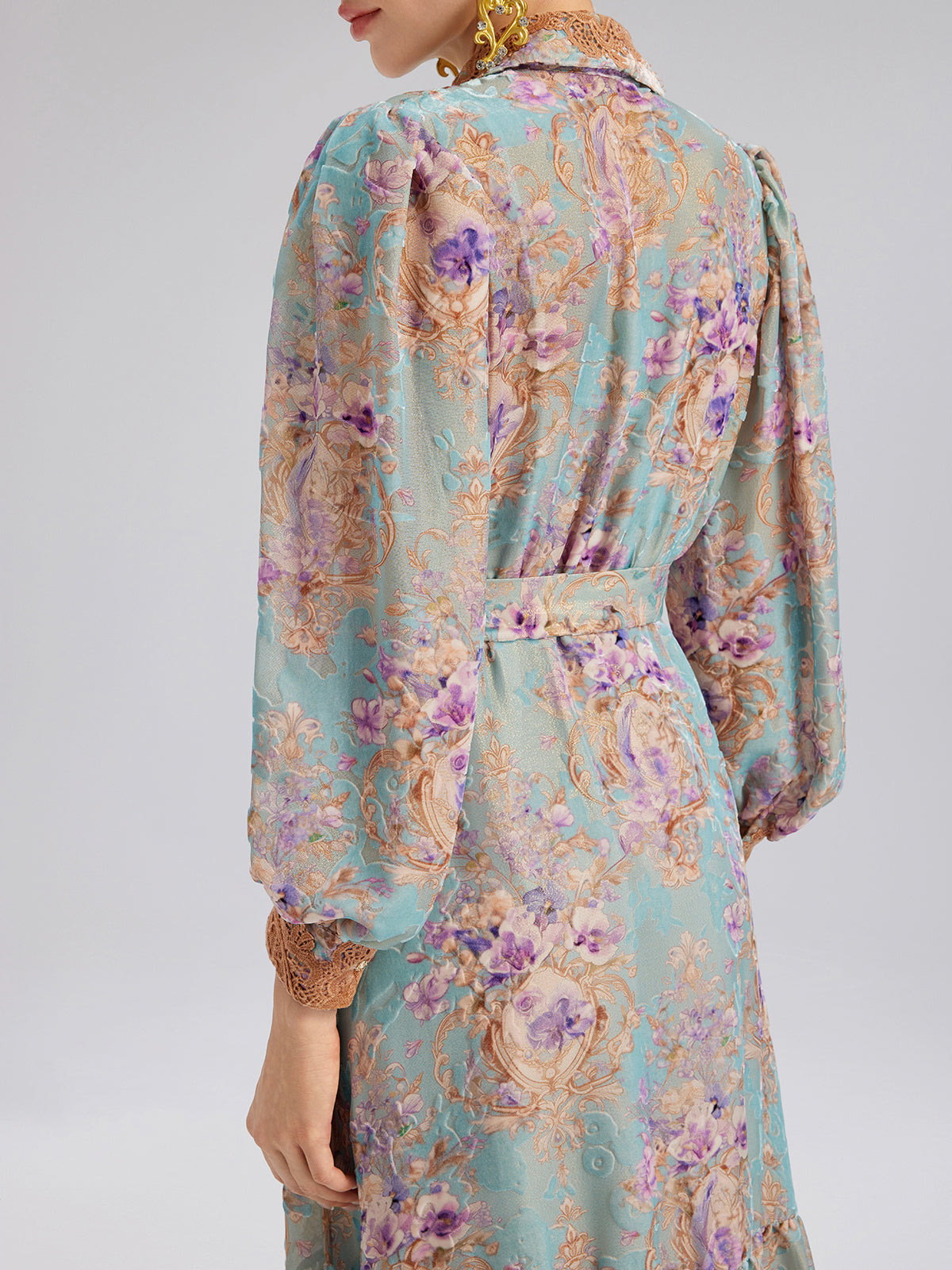 Silk Velvet Devoré Floral Lace Trim Dress (Matching Belt Included)