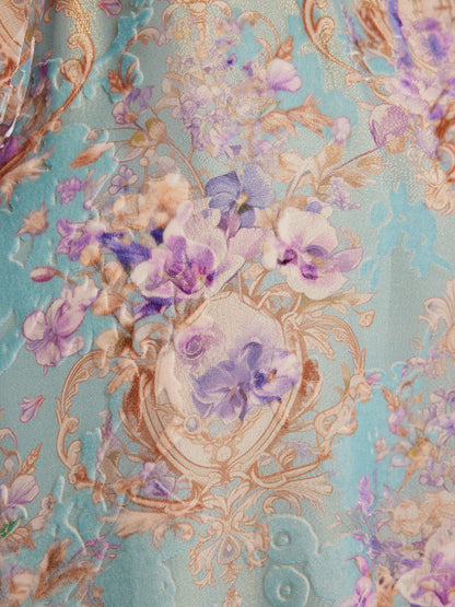 Silk Velvet Devoré Floral Lace Trim Dress (Matching Belt Included)