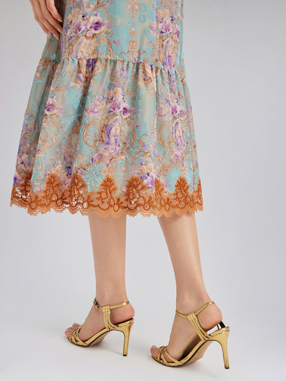 Silk Velvet Devoré Floral Lace Trim Dress (Matching Belt Included)