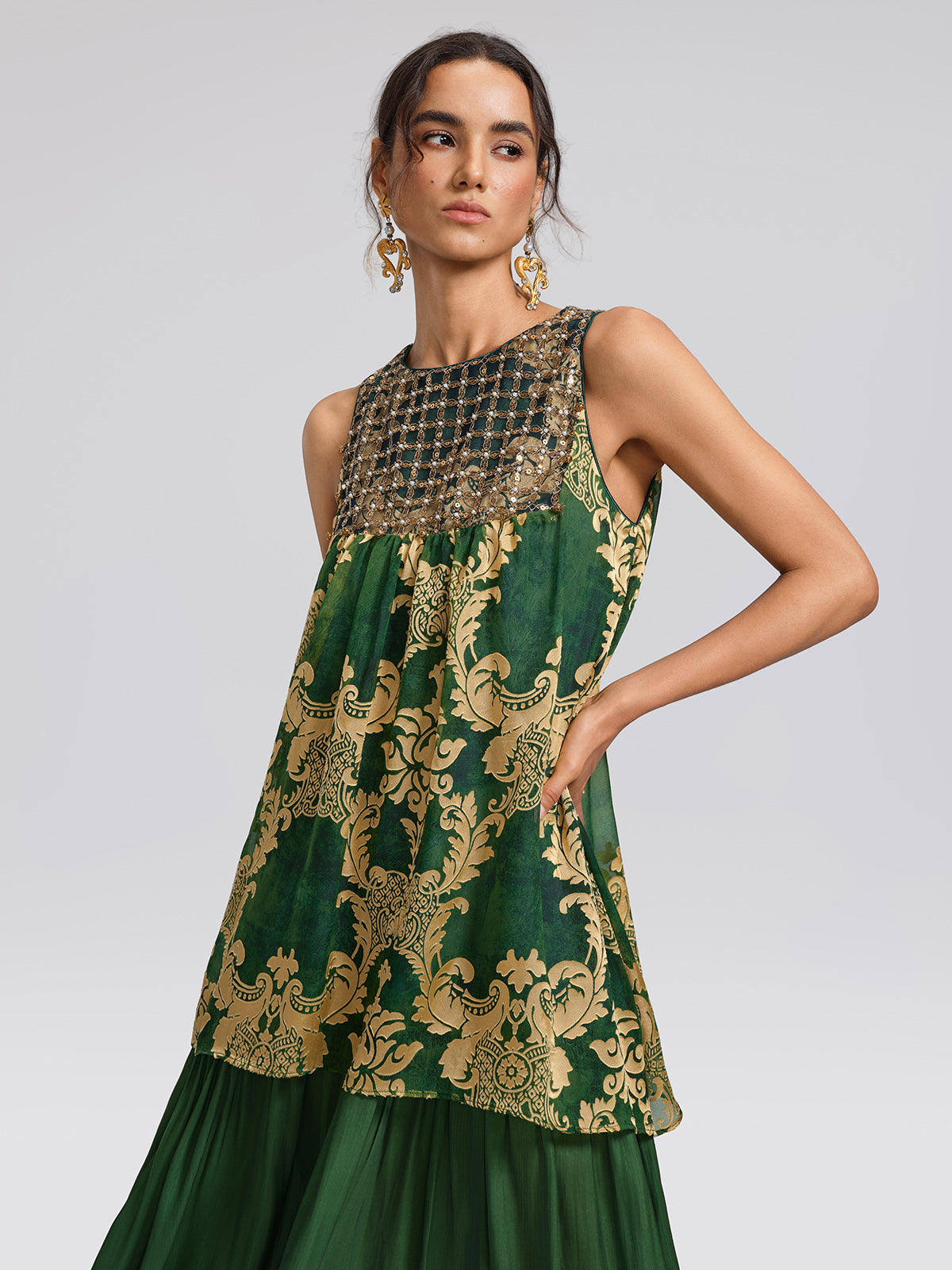 Pleated Jacquard Chiffon Beaded Gown