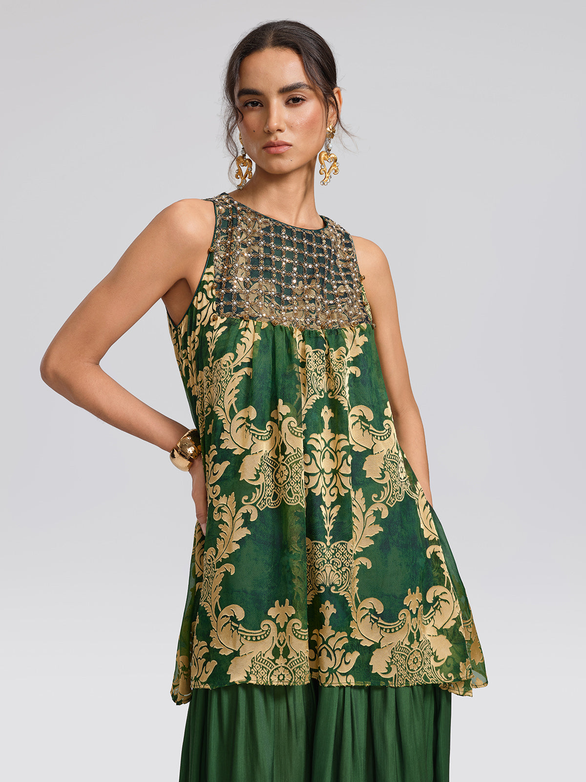 Pleated Jacquard Chiffon Beaded Gown