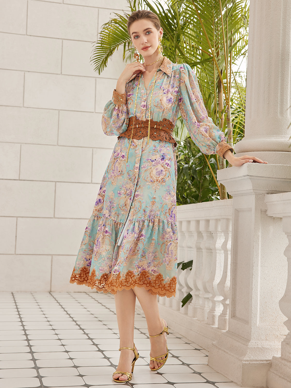 Silk Velvet Devoré Floral Lace Trim Dress (Matching Belt Included)