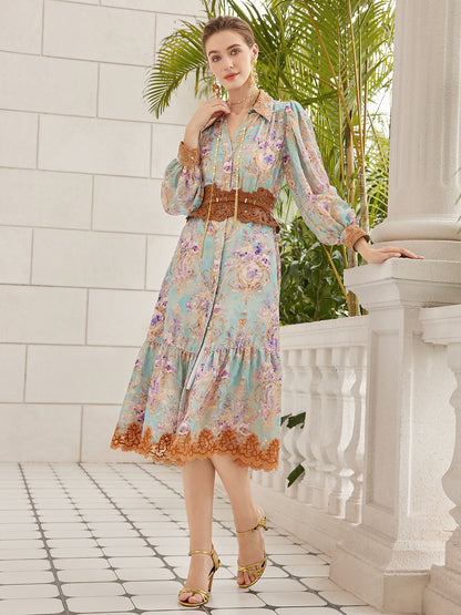 Silk Velvet Devoré Floral Lace Trim Dress (Matching Belt Included)