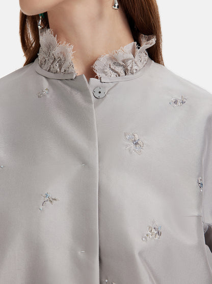 Embroidery Beading Lace Trim Silk Blouse