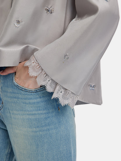 Embroidery Beading Lace Trim Silk Blouse