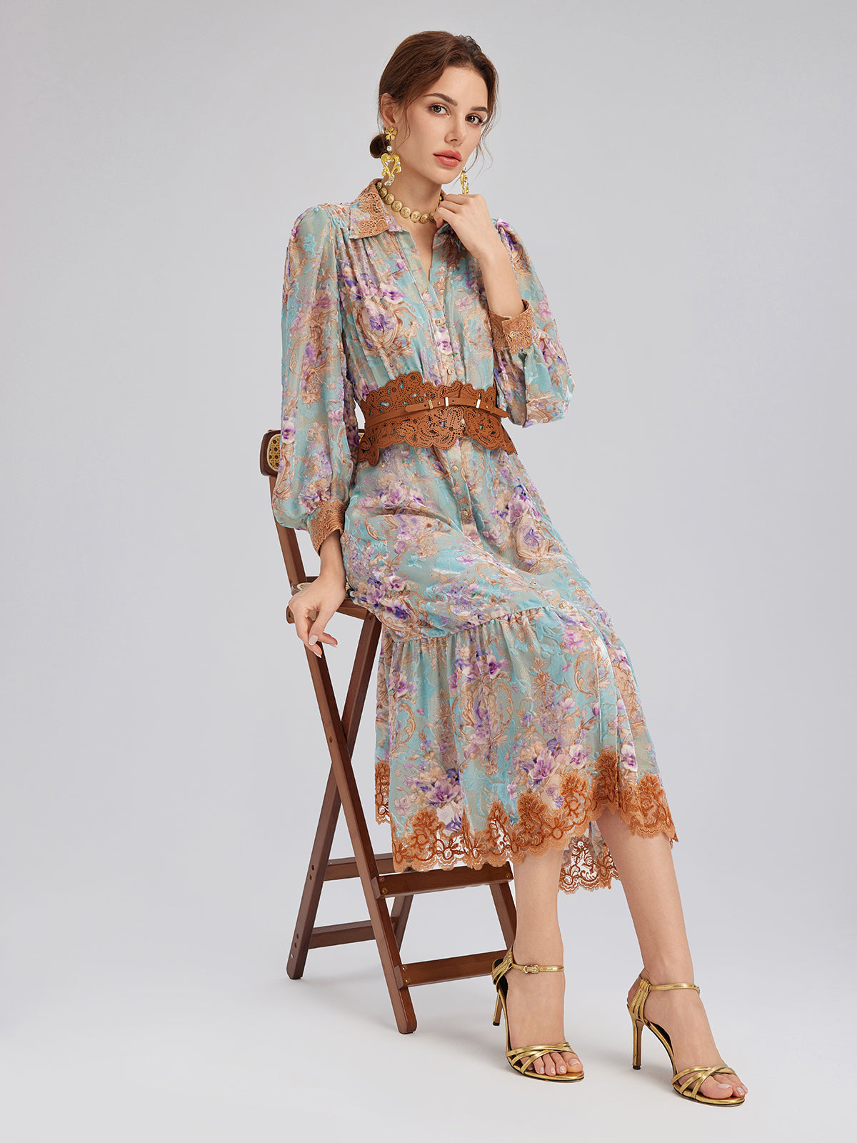 Silk Velvet Devoré Floral Lace Trim Dress (Matching Belt Included)