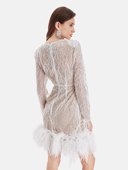 Ostrich Feather Hand-Embroidered Beaded Dress