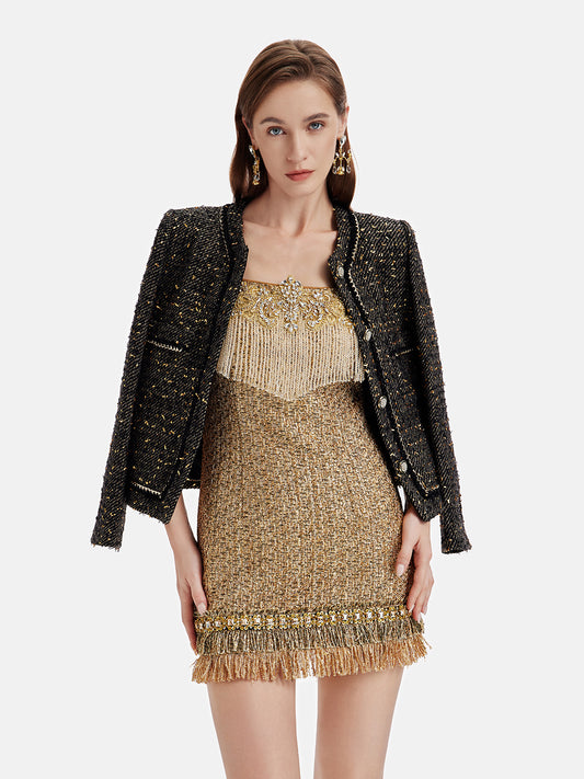 Gold Thread Leather Chain Trim Jacket