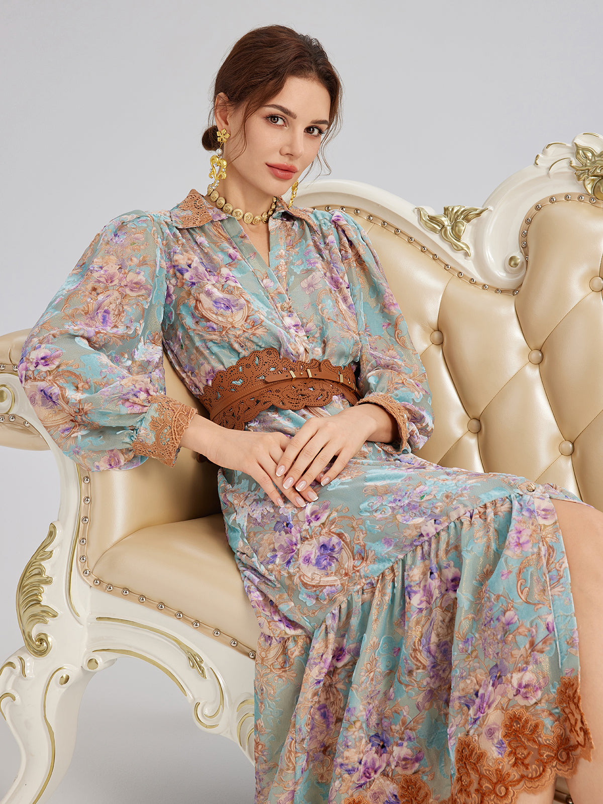 Silk Velvet Devoré Floral Lace Trim Dress (Matching Belt Included)