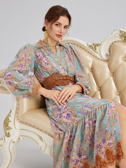 Silk Velvet Devoré Floral Lace Trim Dress (Matching Belt Included)