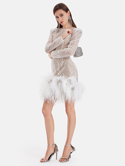 Ostrich Feather Hand-Embroidered Beaded Dress