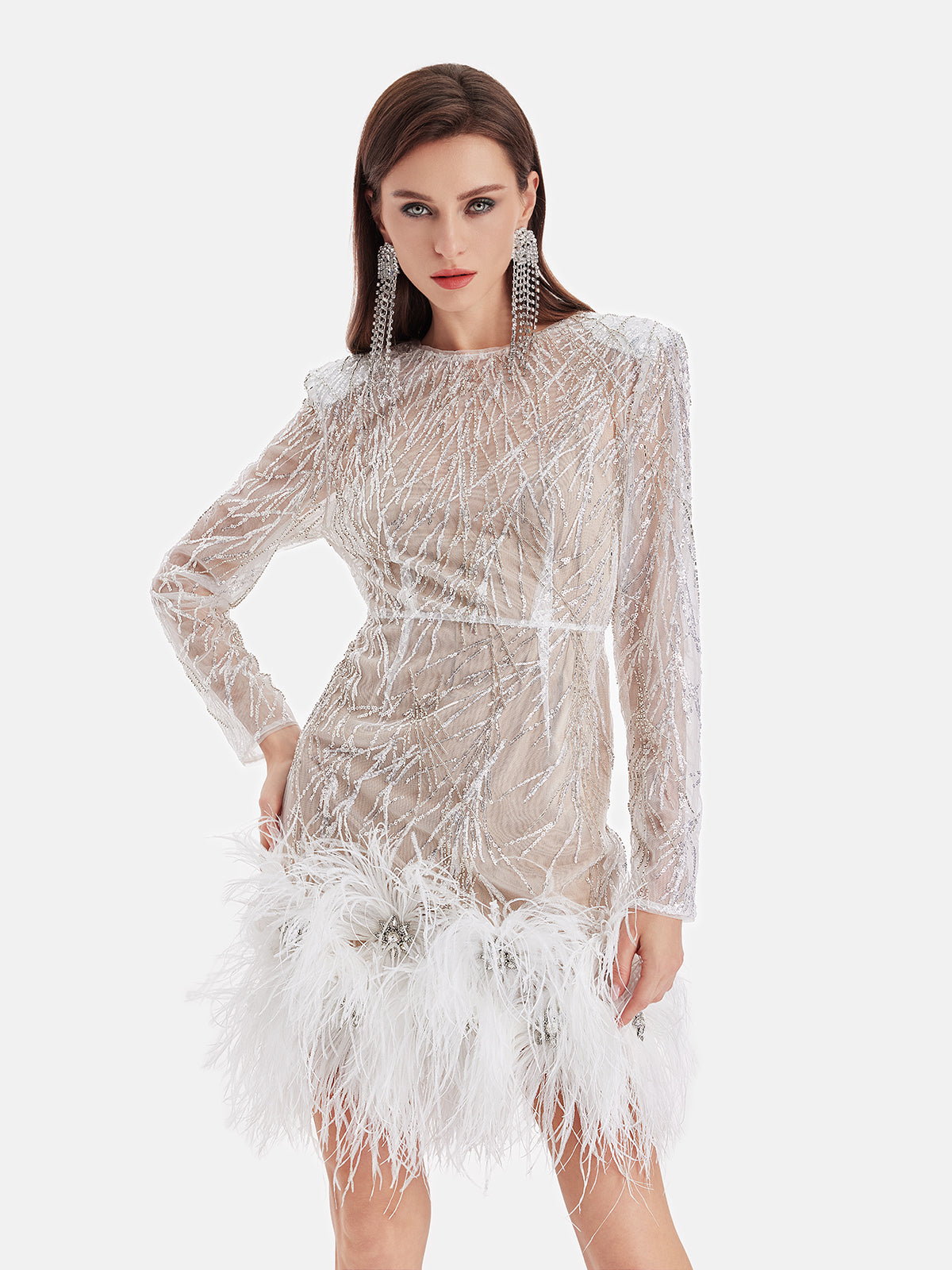 Ostrich Feather Hand-Embroidered Beaded Dress