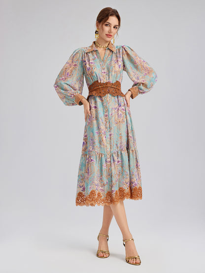 Silk Velvet Devoré Floral Lace Trim Dress (Matching Belt Included)