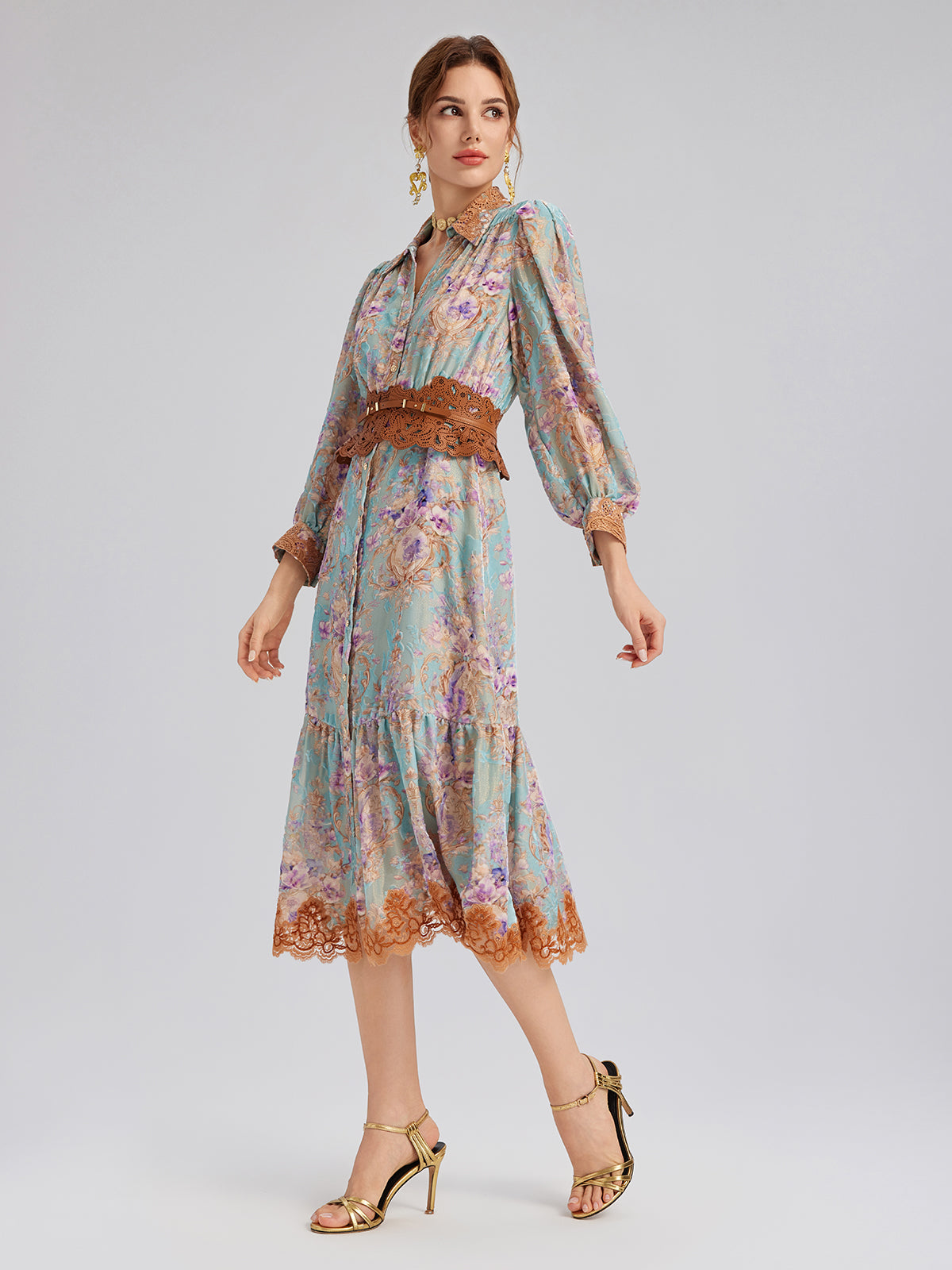 Silk Velvet Devoré Floral Lace Trim Dress (Matching Belt Included)