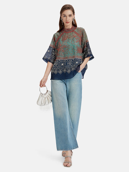 Mulberry Silk Beaded Color-Block Blouse