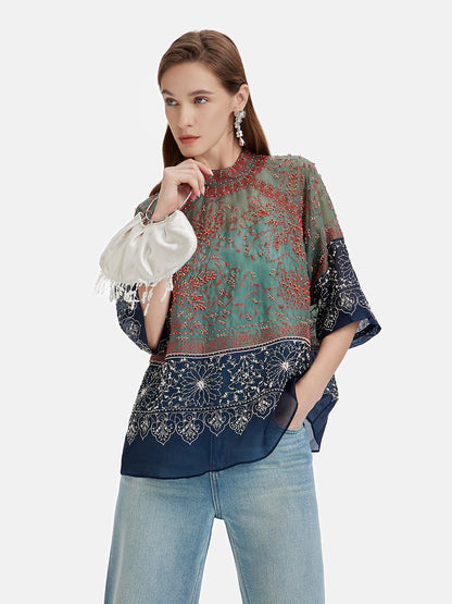 Mulberry Silk Beaded Color-Block Blouse