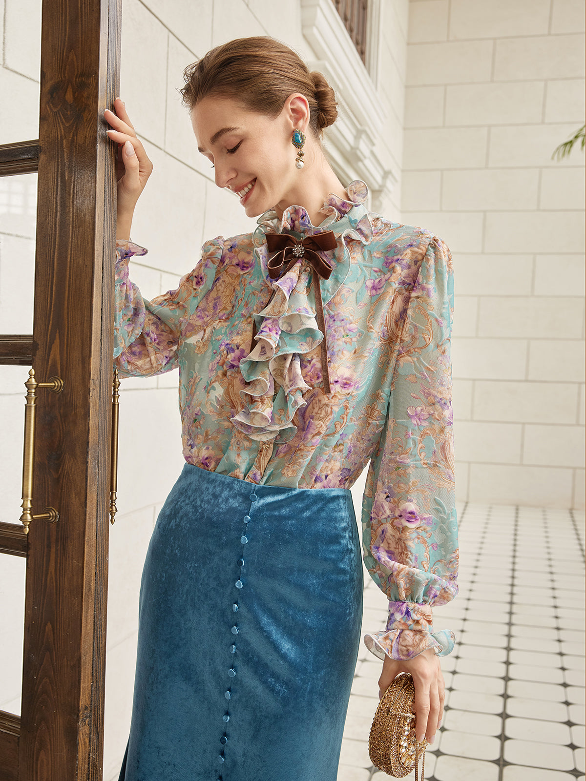 Silk Velvet Devoré Ribbon Bow Ruffle Blouse