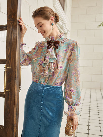 Silk Velvet Devoré Ribbon Bow Ruffle Blouse
