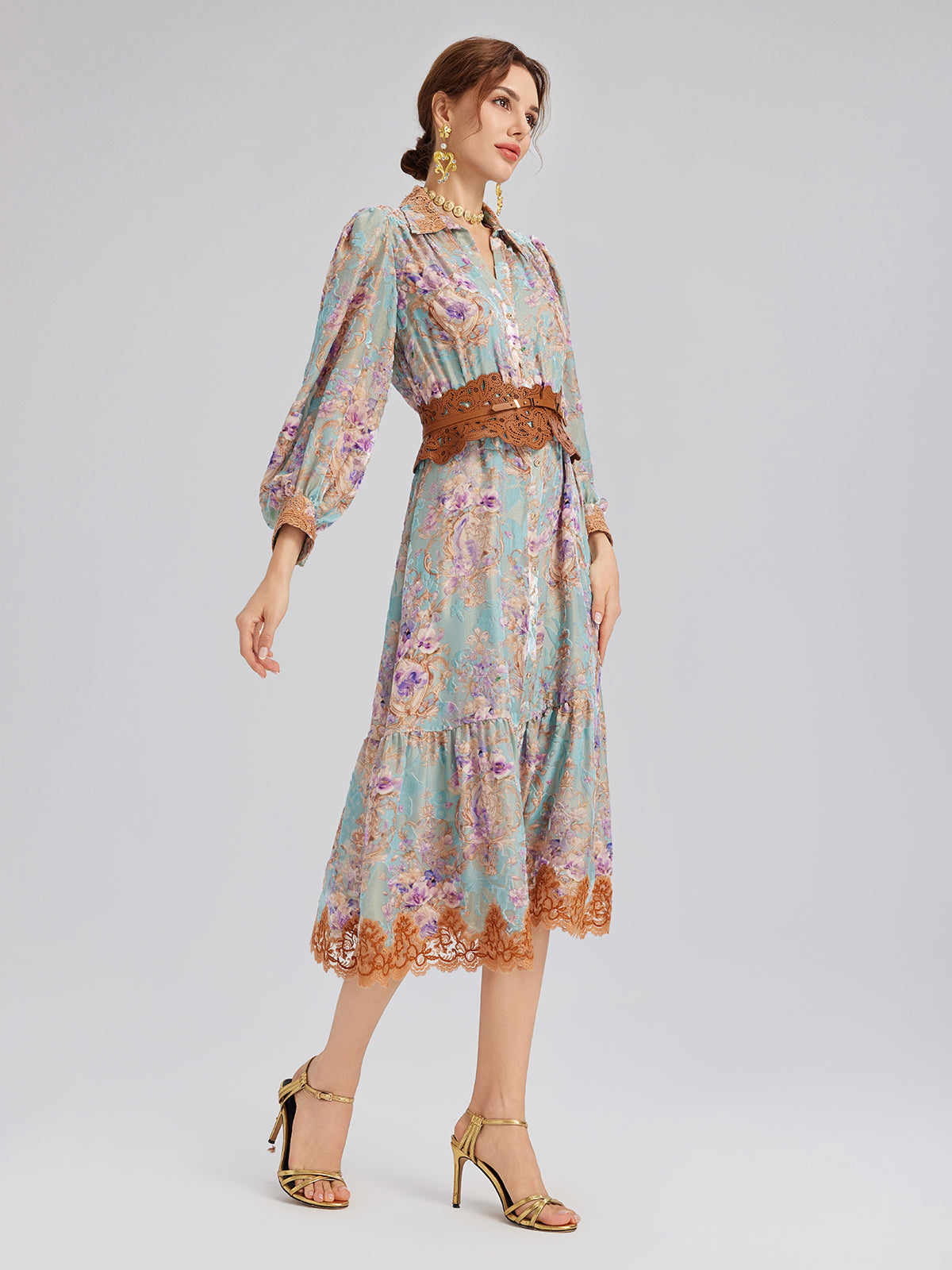 Silk Velvet Devoré Floral Lace Trim Dress (Matching Belt Included)