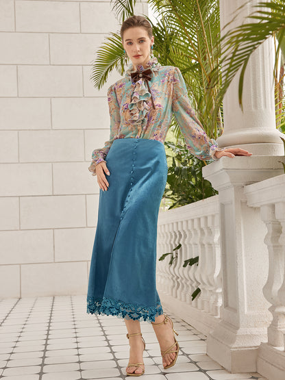 Velvet Lace-Trim Front Slit Fishtail Skirt