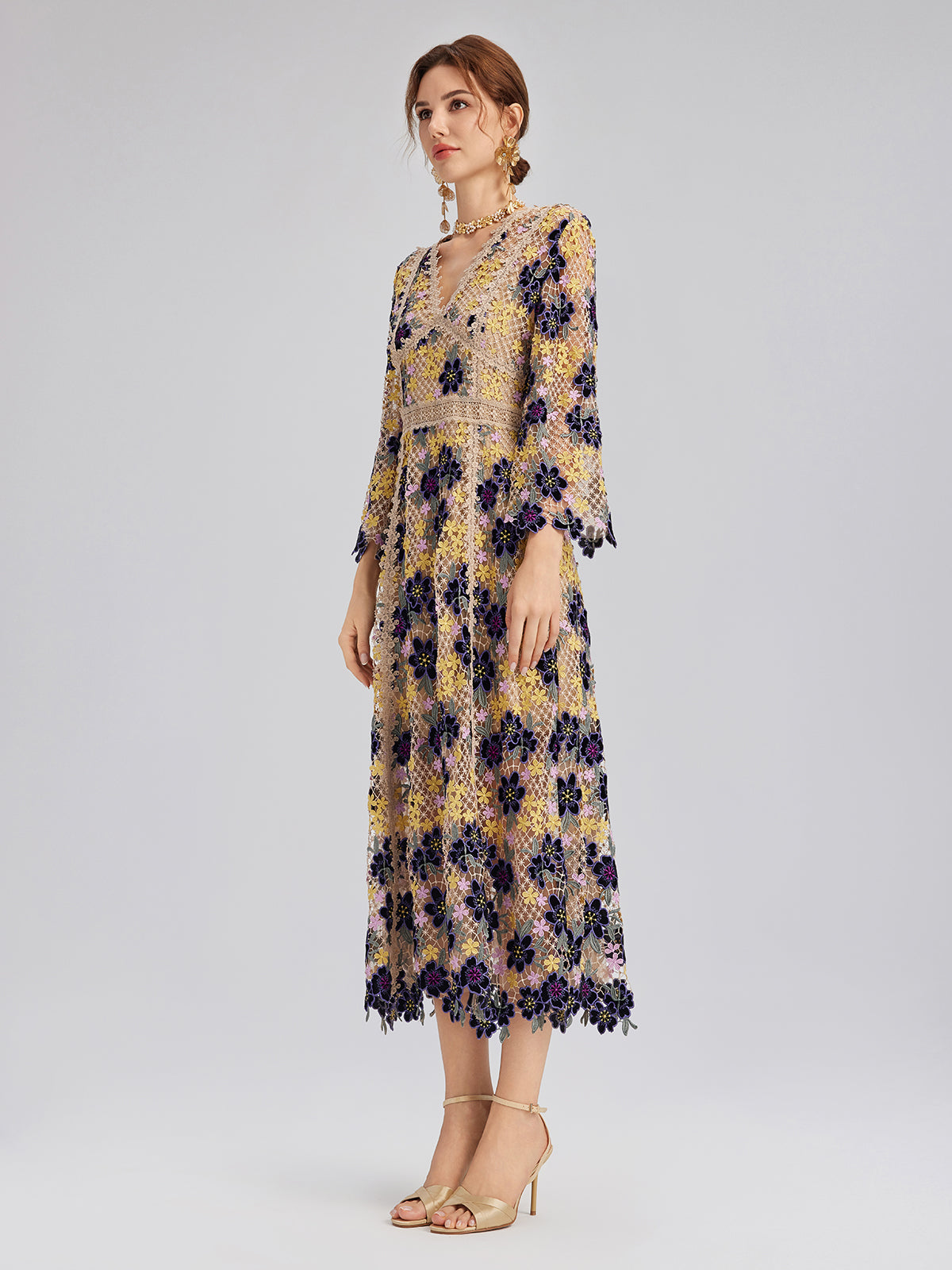 Multicolor Floral Embroidered Lace Dress