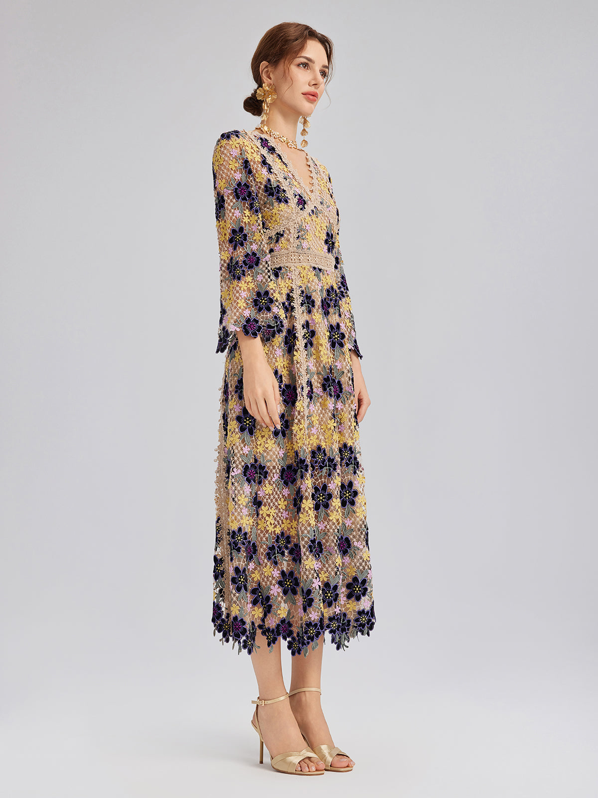 Multicolor Floral Embroidered Lace Dress