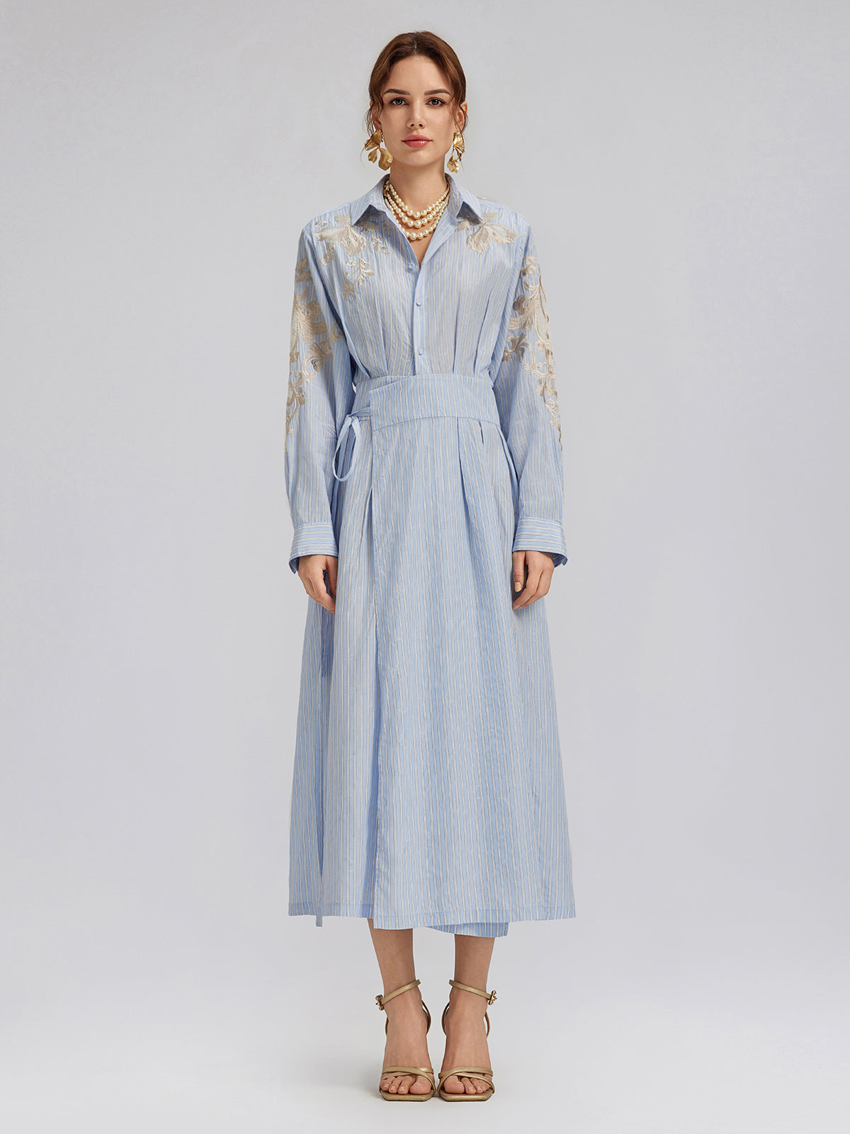 Silk Embroidery Tonal Jacquard Striped Dress