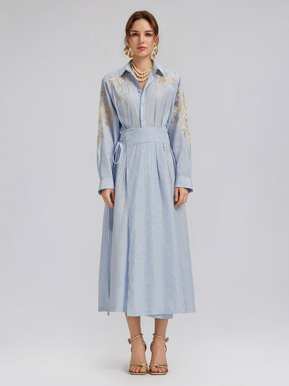 Silk Embroidery Tonal Jacquard Striped Dress