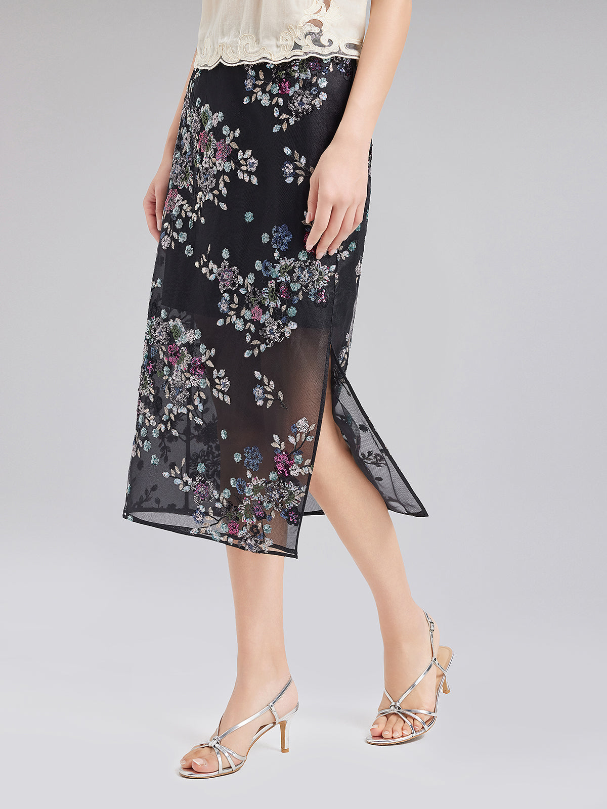 Floral Sequin Side-Slit Skirt