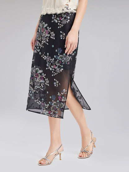 Floral Sequin Side-Slit Skirt