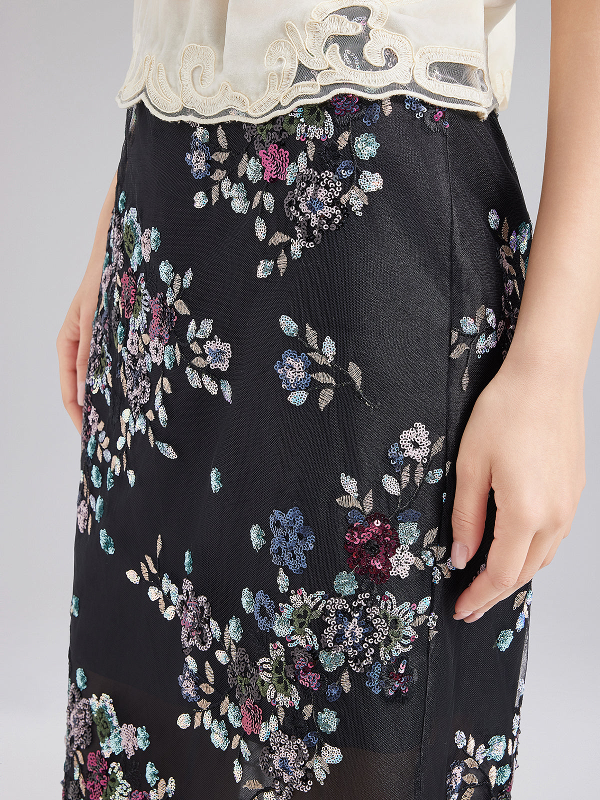 Floral Sequin Side-Slit Skirt