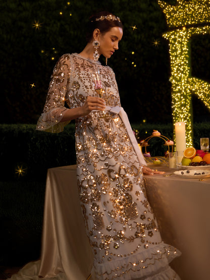 Gold Foil Mesh Heavywork Maxi Dress (Waist Tie Included)
