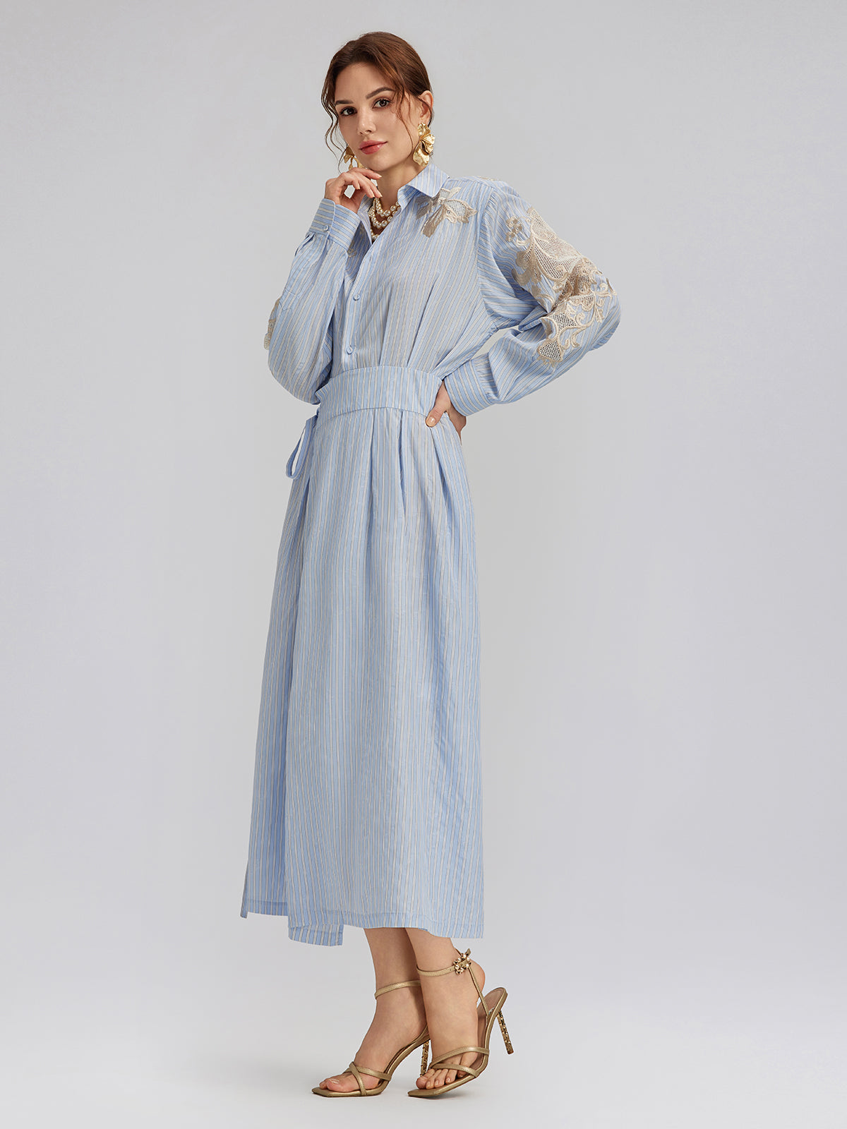 Silk Embroidery Tonal Jacquard Striped Dress