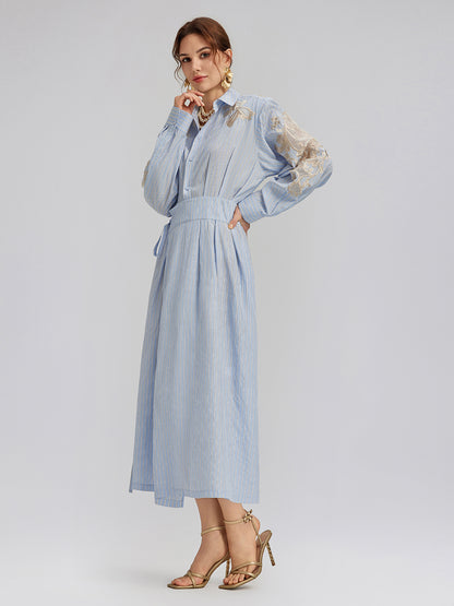 Silk Embroidery Tonal Jacquard Striped Dress