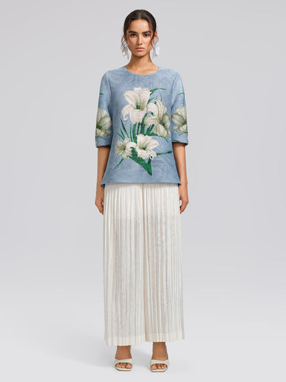 Artistic Pleated Rhinestone Floral Print Top