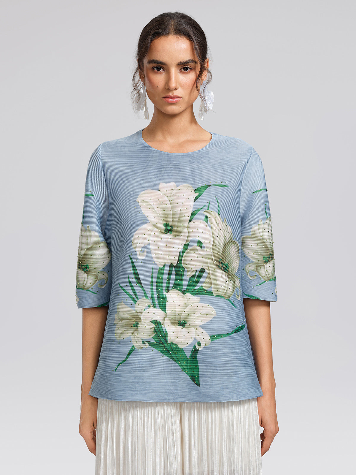 Artistic Pleated Rhinestone Floral Print Top