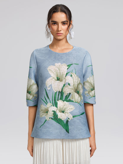 Artistic Pleated Rhinestone Floral Print Top