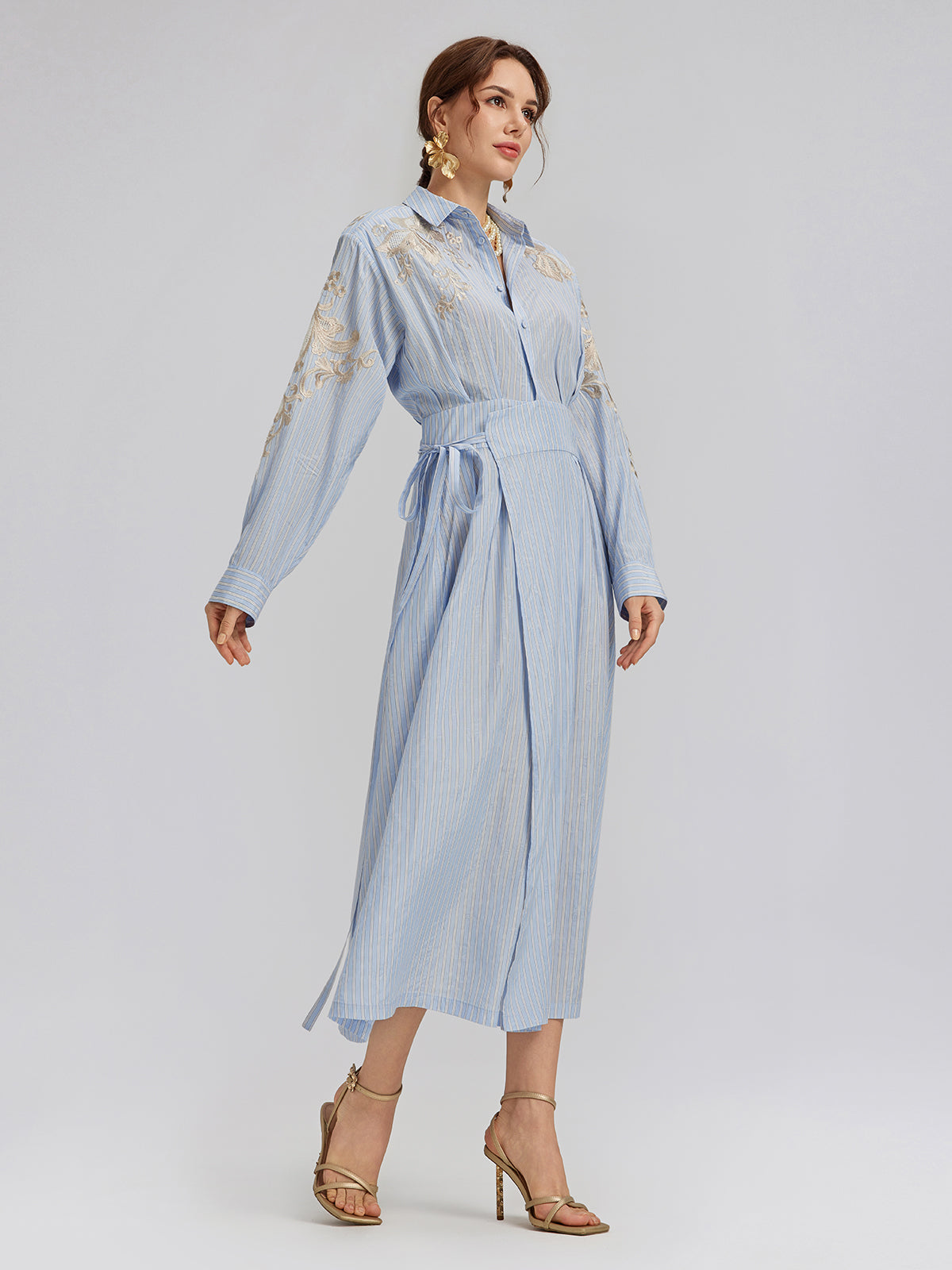 Silk Embroidery Tonal Jacquard Striped Dress